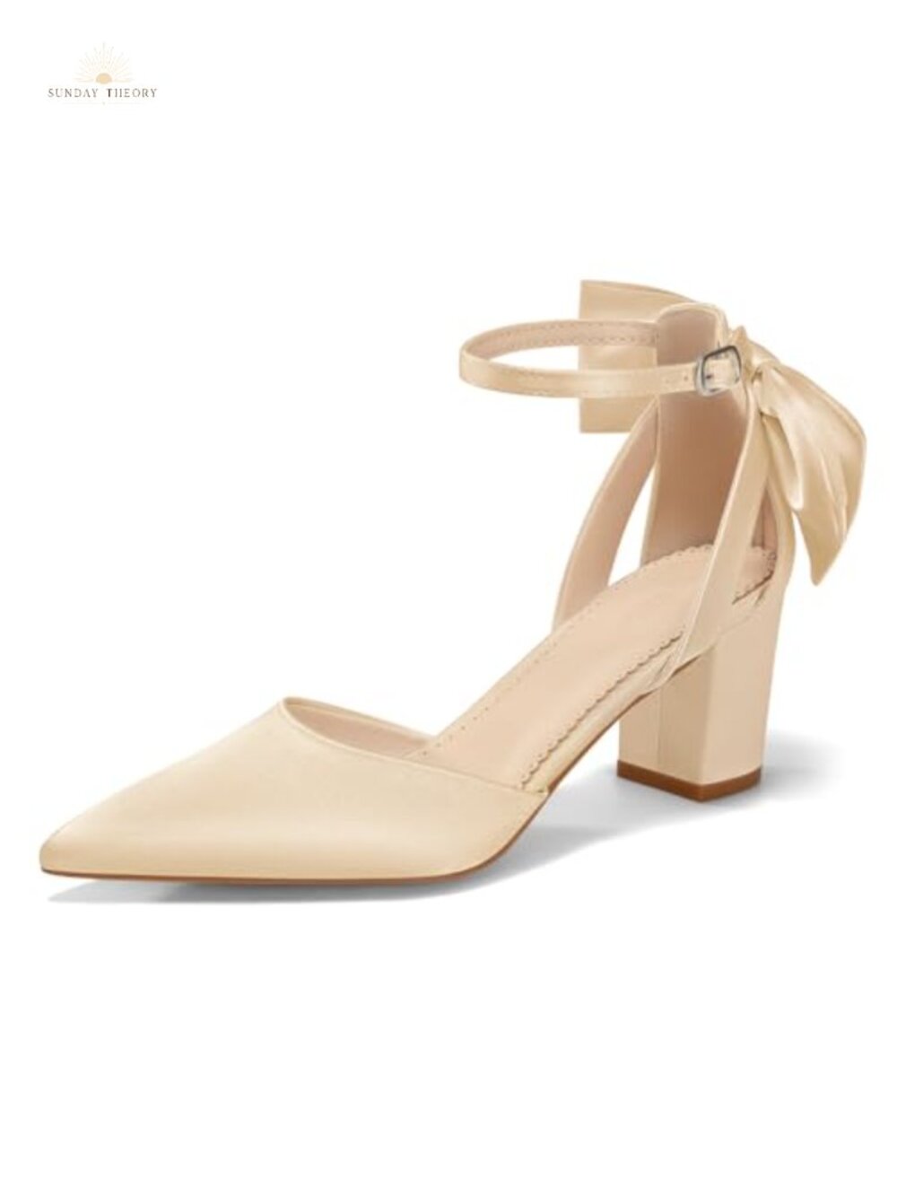 Womens Chunky Heel Pointed Toe Ankle Strap Pumps Satin Bow Formal Heels